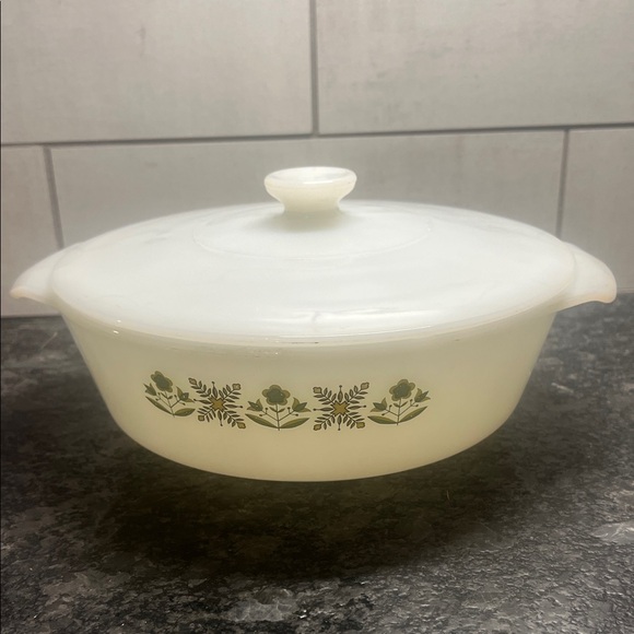 Vintage Green Meadow Casserole Dish with Floral Design by Fire King - Picture 1 of 5